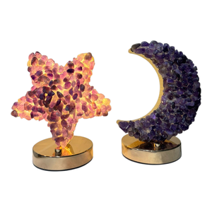 Lámpara de Cristal Natural de Amatista con Forma de Luna y Estrella, Lámpara de Cristal Curativa, Luz Nocturna, Cristal de Prehnita, Fluorita Malty, Artesanía de Cristal Malty - Product Image 1