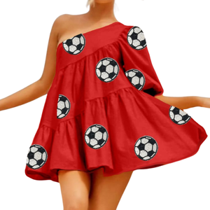 Robe longue en coton tissé à volants pour femmes, avec des patchs en sequins de football/rugby, vêtements de jour de match personnalisés OEM, été - Product Image 2