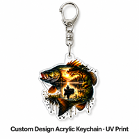 Porte-clés personnalisé en acrylique, motif poisson, scène de pêche au lac au coucher du soleil, transparent, découpé, imprimé UV, breloque cadeau