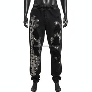 กางเกงจ็อกเกอร์ผ้าฝ้ายหนาสีดำมีรอยขาดแต่งพลอยเทียมมีรายละเอียดการถ่ายเทความร้อนที่กำหนดเอง320GSM ล้างโลโก้แฟชั่นของผู้ชาย - Product Image 1