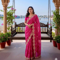 Sari de Boda Tradicional de Georgette Pura con Estampado Bandhani de Jodhpur, Pallu con Trabajo Pita y Borde Butti