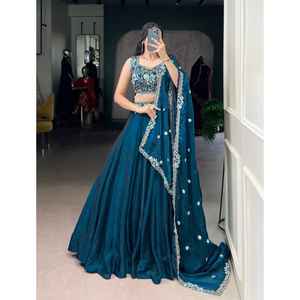 Lehenga Choli verde azulado con tela de viscosa reversible con bordado floral-para bodas y Diwali - Product Image 1