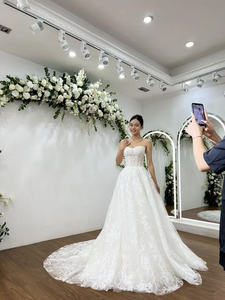 ชุดแต่งงานทำมือ TNBPno11ทรงเอไลน์ผ้าลูกไม้หางยาวหรูหราขนาดพลัสไซส์พิมพ์ลายประดับลูกปัด - Product Image 3