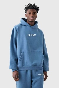 Unisex Blue Hooded Tracksuit Set Full Length Loose Fit 100% Cotton Casual Anti-Pilling <b>Lightweight</b> <b>Jogger</b> Front Logo Side - Product Image 3
