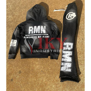 Rhinestone Wholesale Tracksuits for <b>Men</b> Unisex Flare Tracksuit Distressed Embroidery Design Hoodie and Pants Sets Acid <b>Washed</b> - Product Image 1