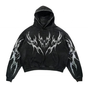 Pull à capuche en coton épais 100% pour hommes, polaire brodée vintage lavée à l'acide avec impression en relief, nouveauté pour l'hiver - Product Image 6