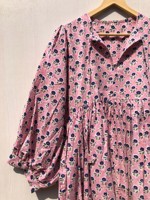 Robe midi en coton rose, robe courte, robe longue à imprimé floral, col profond avec fermeture à cordon, cadeau pour elle