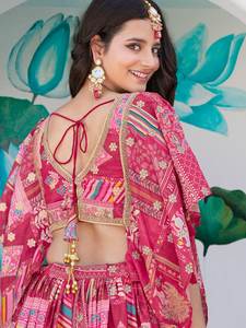 Conjunto de Lehenga Choli Moderno para Fiestas, Color Rosa, Estampado Multicolor, Bordado, con Dupatta de Chiffon de Seda de Secado Rápido, para Eventos Festivos - Product Image 6