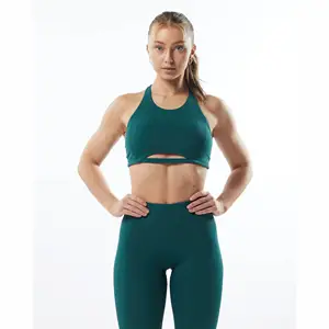 78% Nylon 22% Ela stane High Neck Style Fit Rücken Binding less Hem Frauen Medium-Support Einteiliger atmungsaktiver Samt Teal Sport-BH