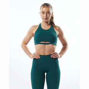 Soutien-gorge de sport en velours pour femmes, 78% Nylon, 22% élasthanne, col montant, dos ajusté, ourlet sans attache, soutien-gorge une pièce en velours respirant, sarcelle - Product Image 1