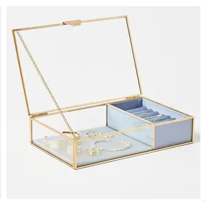 Đồ trang sức sang trọng hộp 2 lưới thủy tinh trong suốt Brass cạnh Antique rõ ràng Glass Made tùy chỉnh hộp đồ trang sức