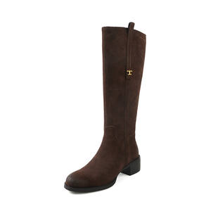 Bottes mi-hautes pour femme en cuir de vachette avec fermeture éclair latérale en métal, talon compensé, talon moyen, quatre saisons, super tendance, mince, style chevalier - Product Image 3