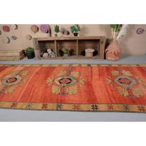 Tapis en laine turque vintage classique 5 'X 12.8' Orange Beige Patchwork Design grand rectangle en latex pour le couloir des adolescents - Product Image 3