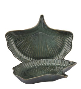Ensemble de 2 assiettes en céramique de feuille émaillée exotique de paon, plats et assiettes exquis en céramique de feuille verte - Product Image 4