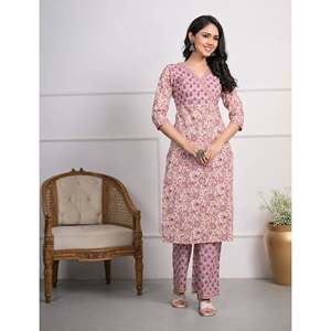 Purple Hand-Drawn Cotton <b>Block</b> <b>Printed</b> Salwar Kameez Pant Set of 2 - Product Image 1