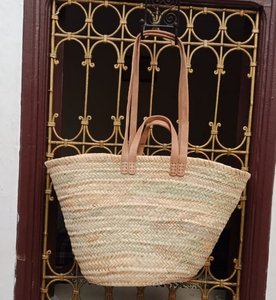 Panier XL de qualité supérieure en cuir naturel avec poignée double en cuir naturel. Sac en paille marocain tissé en corde de papier - Product Image 2