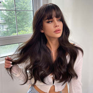 Isla-DWY High Quality Synthetic Lace <b>Wig</b> Brown <b>Long</b> Wavy <b>Wig</b> with Light Brown Bangs Loose Wave Style for Women - Product Image 2