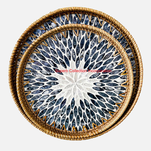 Wholesale Rattan <b>Oval</b> Serving Tray Set With Mother Of Pearl Shell Inlay Base Decorative Trays For <b>Coffee</b> <b>Table</b> Decor Tray - Product Image 2