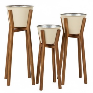 Ensemble de 3 jardinières pour la maison, bases en bois avec pieds inclinés, pots ronds en métal pour décoration intérieure, extérieure et jardin - Product Image 1