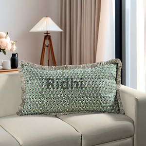 Housse de coussin lombaire à volants RIDHI 20x36" vert basilic, imprimé floral en coton fait main, amovible et lavable en machine - Product Image 4