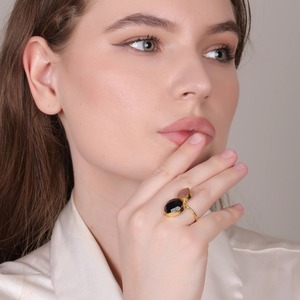 Best Quality 18K Gold Plated <b>Black</b> Onyx & Peach Moonstone <b>Heart</b> Ring for Girls Trendy Wedding Jewelry From India - Product Image 2