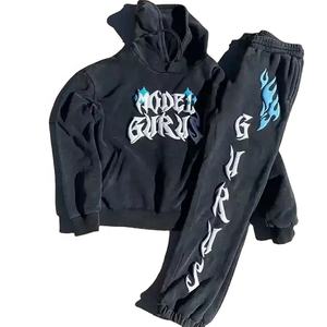 Ensemble survêtement deux pièces pour homme, sweat-shirt et pantalon de survêtement surdimensionnés, imprimé patchwork hip-hop, lavage à l'acide, broderie personnalisée, style Y2K - Product Image 1