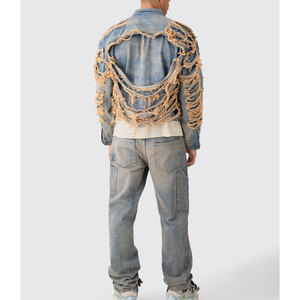 Veste en jean vintage pour homme 100% coton délavé Streetwear manteau d'extérieur décontracté à col montant avec logo personnalisé - Product Image 2