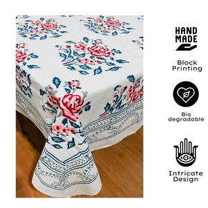 Indian Artisanal Hand Block Print Premium Floral <b>Pink</b> Green Design Handmade Reusable Eco-Friendly <b>Tablecloth</b> for Elegant Home - Product Image 2