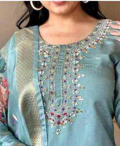 Heavy Viscose Roman Silk <b>Fabric</b> O Neck Style Hand Crated Mirror Work Knee Length South <b>Indian</b> Kurti / Kurta Set For Women Wear - Product Image 3