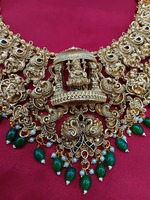 Collier long et boucles d'oreilles de mariée en alliage plaqué or antique, style temple religieux du sud de l'Inde, pour fiançailles, mariage, fête, avec quartz