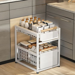 Armoire de cuisine tiroir métal évier organisateur Double niveaux poignée en bois tirer support épices vaisselle paniers de rangement plateaux de rangement - Product Image 6