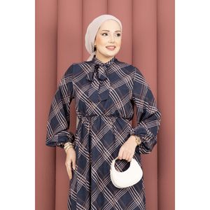 Navy Blue <b>Plaid</b> Pattern Hijab Modest <b>Dress</b> with Gathered Waist - Product Image 2