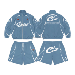 Custom Logo Reflective Patchwork <b>Zip</b> <b>up</b> <b>Jacket</b> Nylon Sports Shorts Sets Tracksuits Unisex for Men Windbreaker Short Sets - Product Image 1