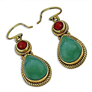 Art Palace Women's Gold-Plated Teardrop Earrings Turquoise <b>Red</b> Gemstones Pearl Quartz-Classic Style Rajasthan Origin Religious - Product Image 3