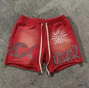 Shorts de jogging pour hommes, sur mesure, avec logo en strass, style streetwear vintage, surdimensionné, délavé à l'acide, séchage rapide - Product Image 6