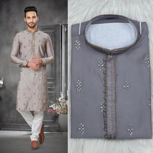 Pyjama Kurta en soie de coton lourd avec broderie lourde pour hommes, mariage traditionnel, mode Maruti MF775 - Product Image 4