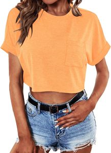 Femmes Crop Tops Manches Courtes Col Ras Du Cou Recadrée T-shirt Casual Été Couleur Unie Lâche T-shirts De Base Avec Poches - Product Image 5