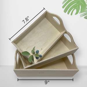 Ensemble de 3 petits plateaux en bois non finis avec poignées, design traditionnel pour mariage et décoration intérieure, ensemble imbriqué - Product Image 4
