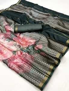 Vêtements de fête de mariage de style indien pakistanais imprimé poly viscose saree en soie tissée à la main de concepteur - Product Image 6