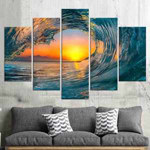 Impresión en lienzo de Sunset Wave: elegante arte de pared con paisaje marino, opción de vidrio templado, JUEGO DE 5 LIEÑOSSOS CUADROS COMBINADOS - Product Image 1