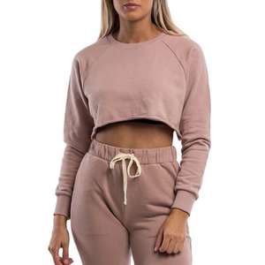 Surdimensionné personnalisé femmes ample col rond recadrée à capuche haut court 100% coton Streetwear éponge survêtements t-shirts grande taille pour - Product Image 1