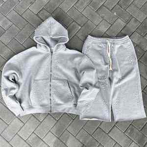 Sweats à capuche pour hommes Ensemble pantalon de survêtement et sweat à capuche en strass 100% coton Ensemble délavé à l'acide Survêtement lourd surdimensionné à fermeture éclair complète pour hommes - Product Image 2