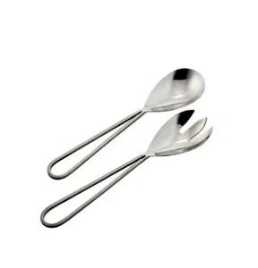 Round <b>Plain</b> Yellow Resin Handle Stainless Steel Hand <b>Mirror</b> Polished Salad Serving Set - Product Image 4