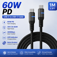 Câble USB-C LED 2026, 20V 3A 60W, charge rapide, USB-C vers USB-C, 1m, câble de données tressé en nylon pour téléphones mobiles avec logo personnalisé