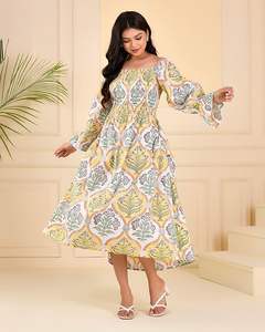 Crêpe Soie Casual Robe D'été Jaune Vert Floral Feuille Imprimer Cloche Manches Naturel Taille Écologique Respirant Lavable - Product Image 5