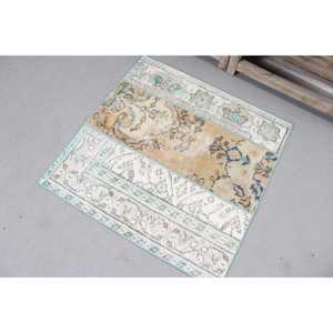 Tapis vintage 2,6x2,6 pieds, bleu brun camouflage, tapis turc en laine - Product Image 2