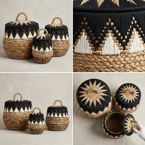 Ensemble de paniers en macramé en écorce de bananier naturelle avec couvercle, motif tribal noir et blanc, pot de rangement, décoration artistique pure pour la conception d'intérieur - Product Image 2