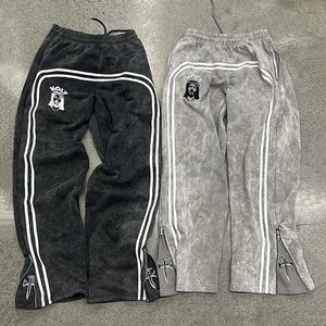 Black and Grey Fleece Jogger <b>Pants</b> with <b>White</b> Lined Flared Sweatpants for <b>Men</b> Leg Opening Zipper Custom Logo Accepted - Product Image 1
