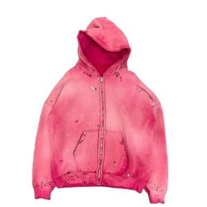 Sweat à capuche vintage à fermeture éclair personnalisé pour hommes Sun Faded Ripped Distress Street Red Fleece Hoodie Digital Oversized Cotton Winter - Product Image 1