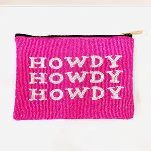 Howdy串珠粉色女包化妆包Howdy牛仔女牛仔字种子串珠大粉色旅行配件零钱包